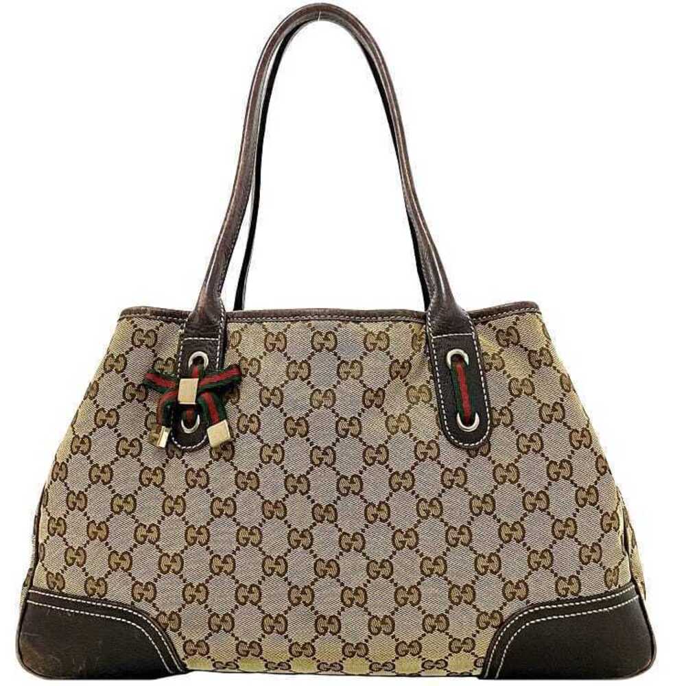 Gucci Shoulder Tote Rion Leather Princy GG Beige Logo Canvas Bag Brown - Picture 2 of 10
